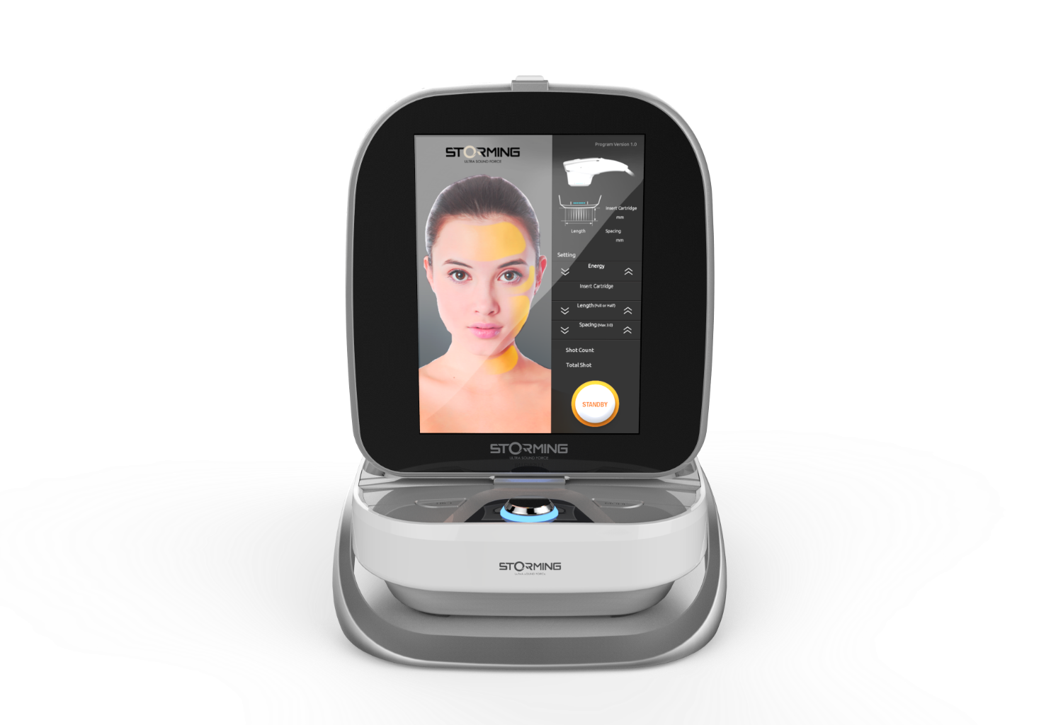Skin-analysis device with upright touchscreen showing a woman's face