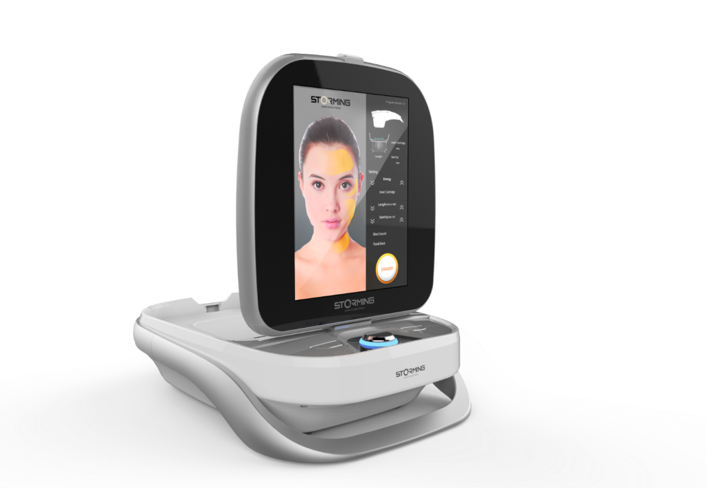 Aesthetic diagnostic device with touchscreen showing a woman's face
