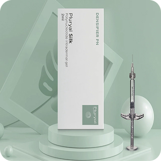 Pluryal Silk dermal filler box and syringe on a green podium