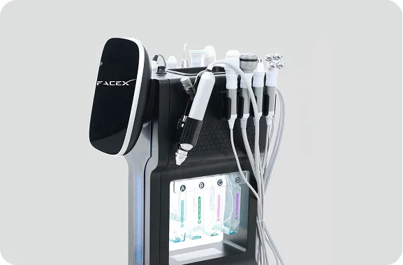 Close-up of a black multifunction aesthetic platform with handpieces