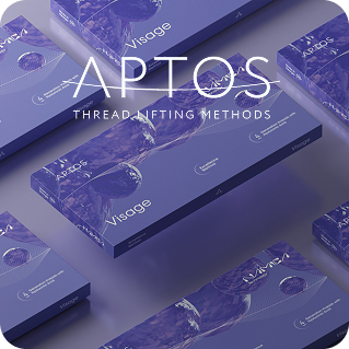 Aptos Visage thread lifting product boxes on a purple background