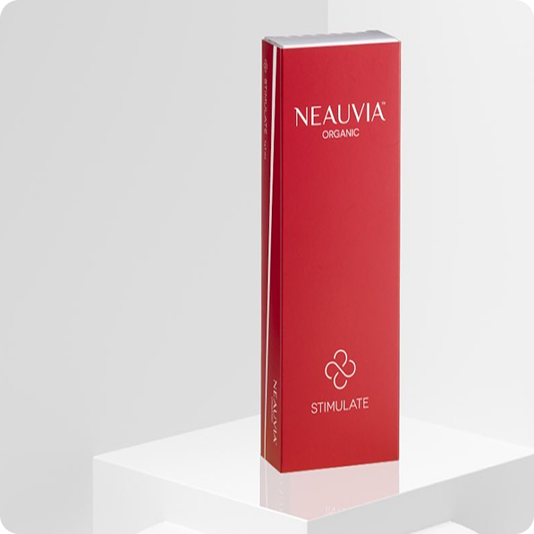 Neauvia Organic Stimulate dermal filler box on a white podium
