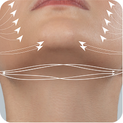 Woman's lower face and neck marked with white lift arrows