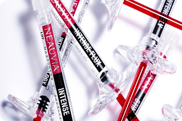 Scattered red Neauvia Intense filler syringes and packaging