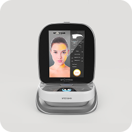Skin-analysis diagnostic console with touchscreen showing a facial scan