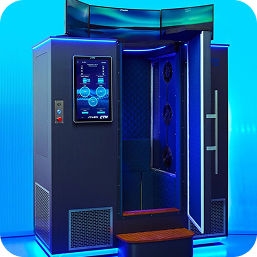 Blue-lit wellness cabin booth device with touchscreen