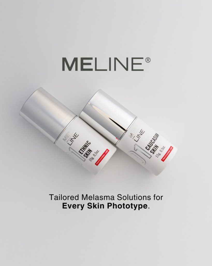 Meline skincare bottles with tagline on tailored melasma solutions
