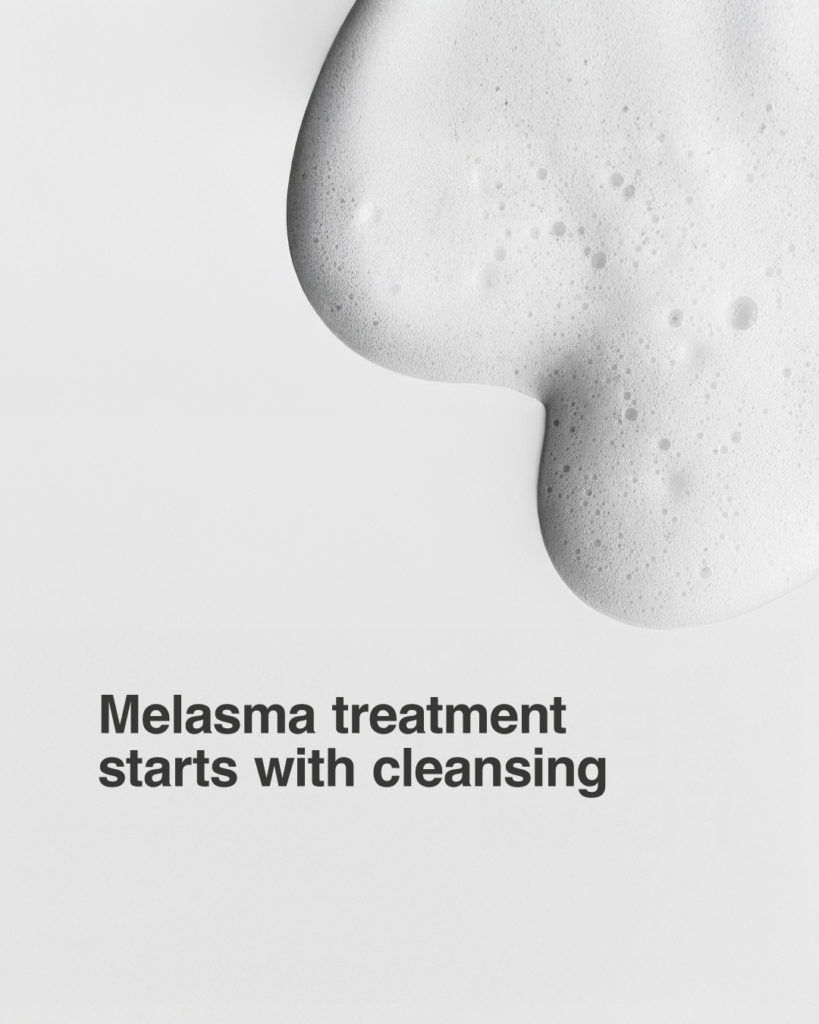 Skincare foam with text on melasma treatment and cleansing