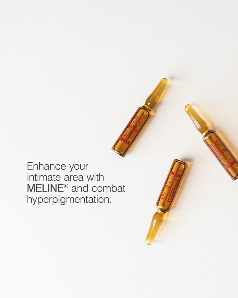 Meline amber ampoules with text on intimate-area hyperpigmentation