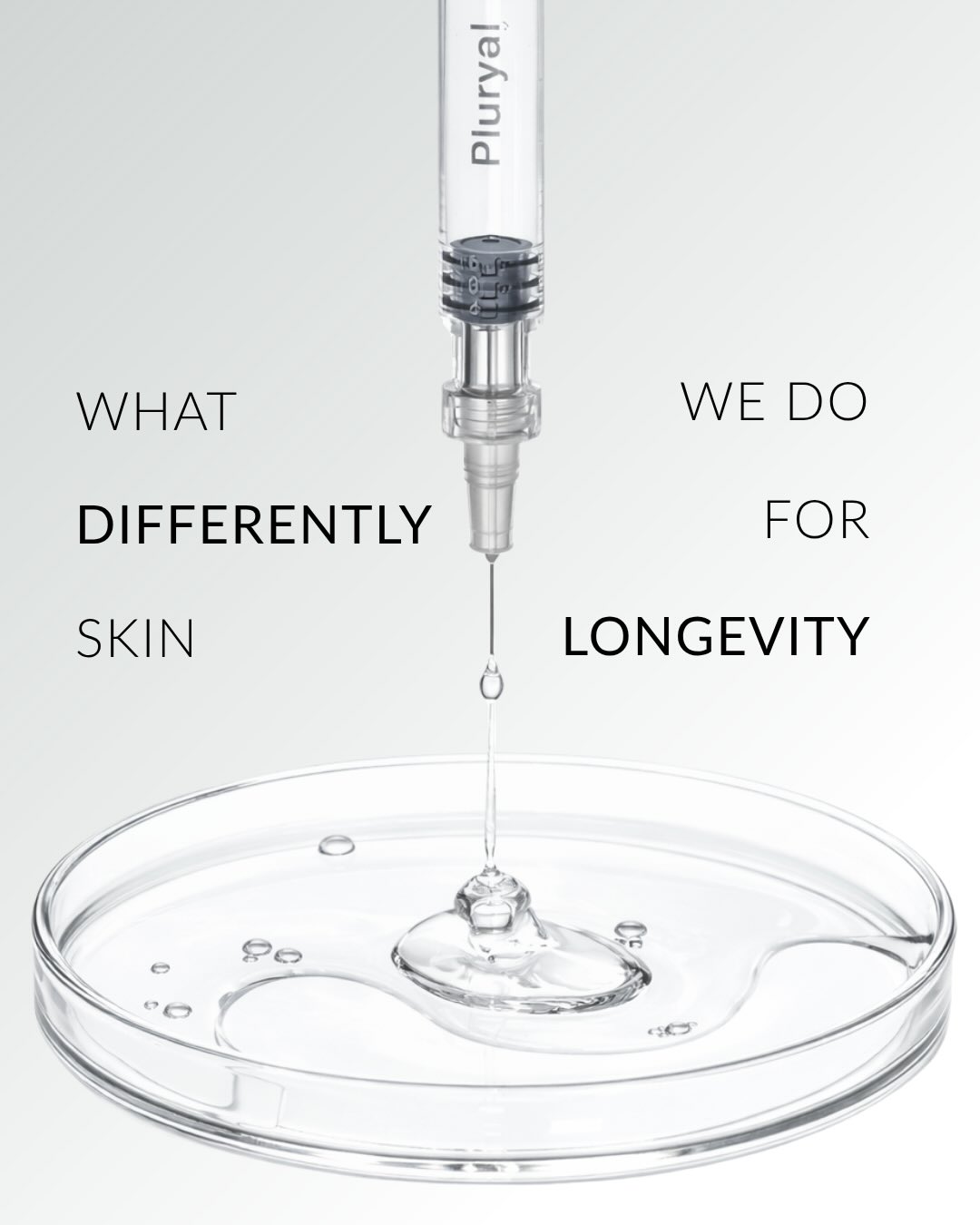 Applicator dispensing serum into a petri dish with skin longevity text