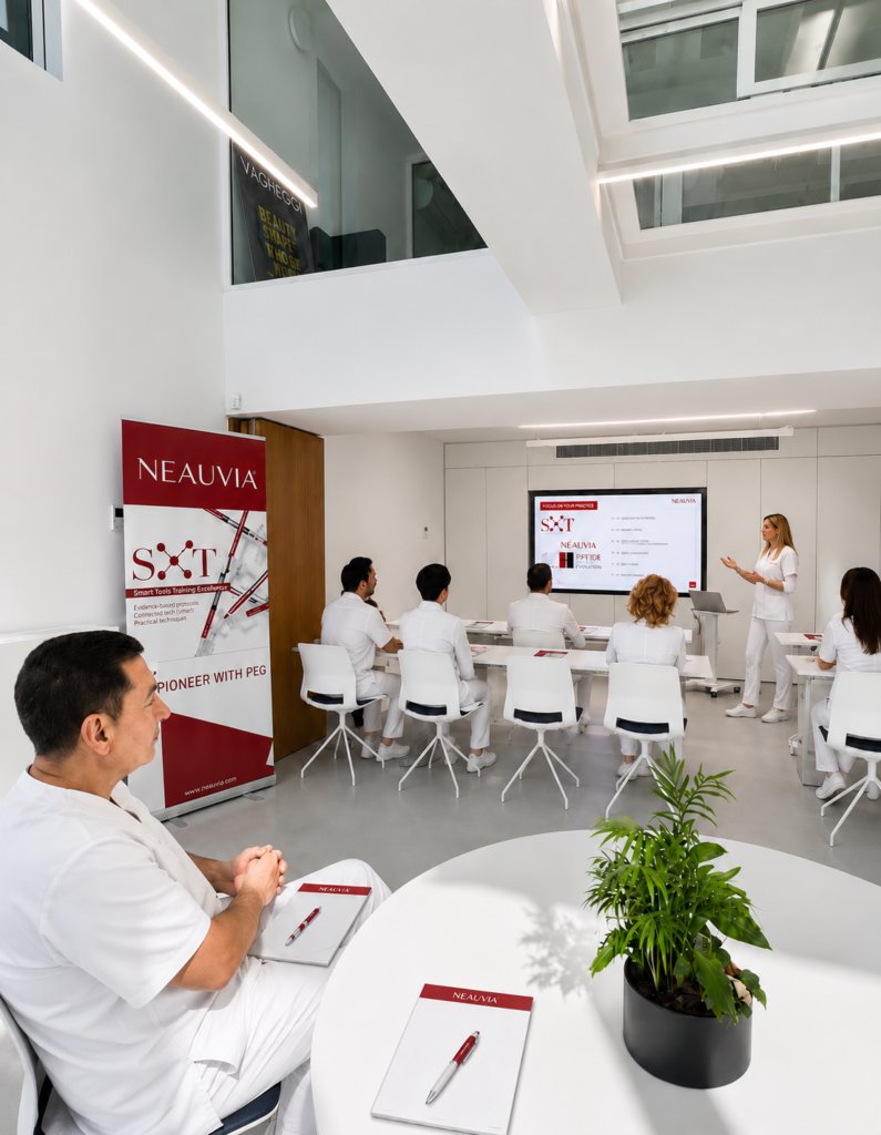 Presenter with a Neauvia slide addressing a training audience