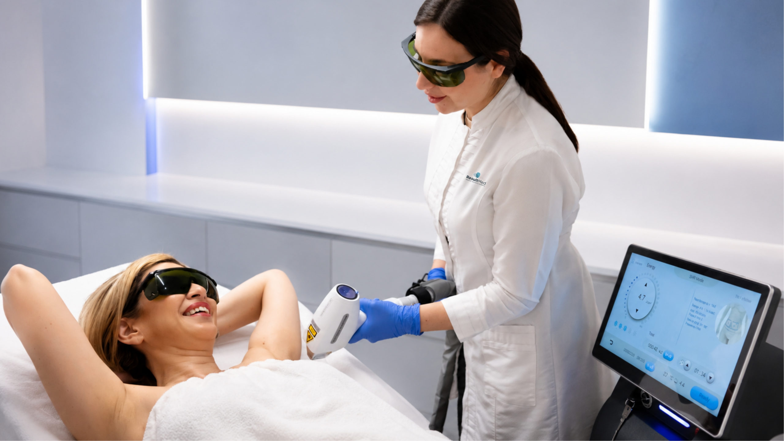 Clinician performing laser hair removal on a client, both wearing goggles