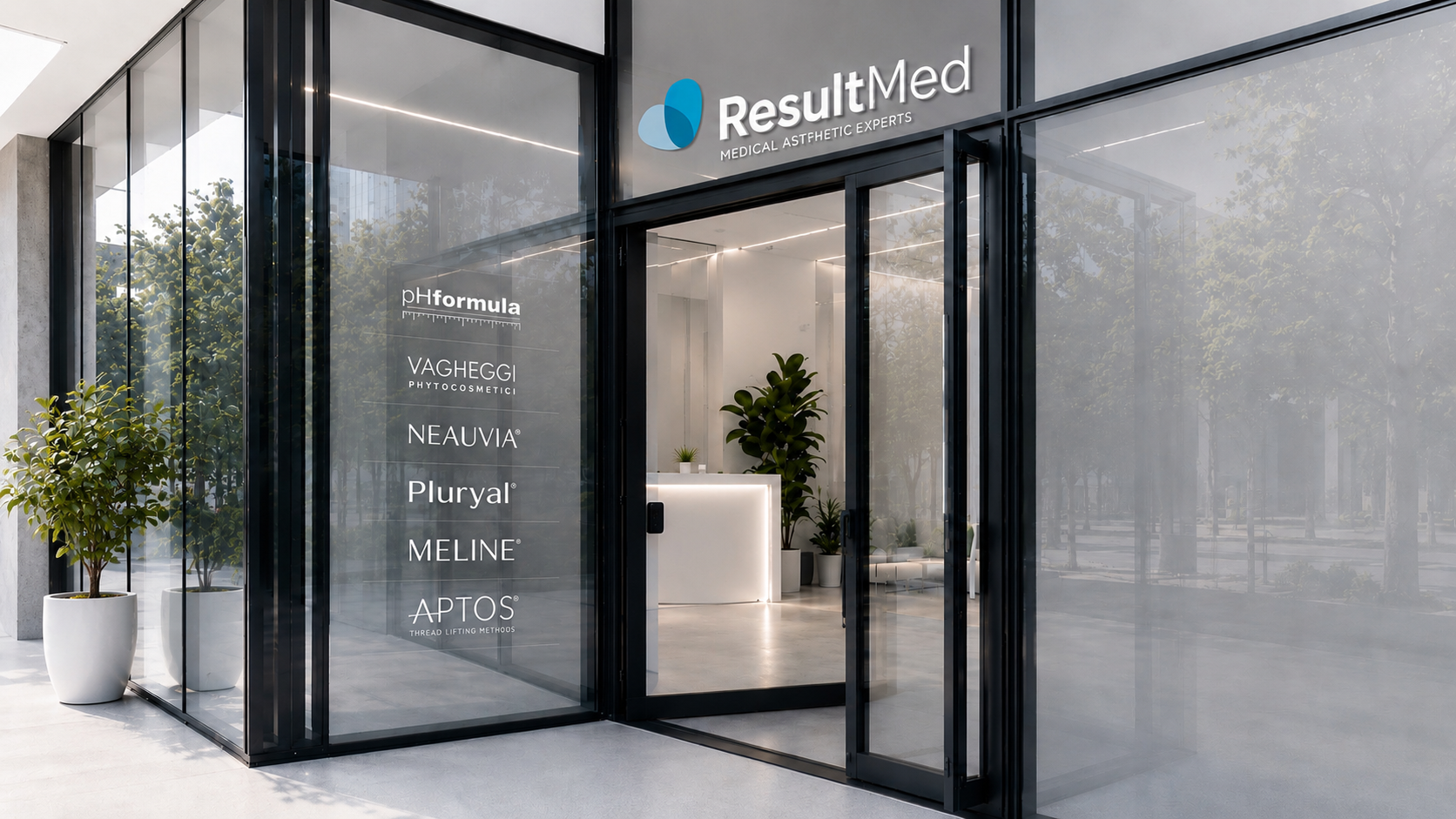 ResultMed showroom glass entrance with brand logos on the door