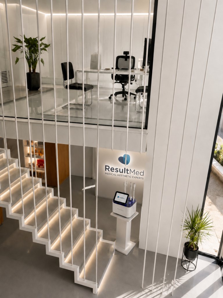 ResultMed showroom interior with staircase and aesthetic devices