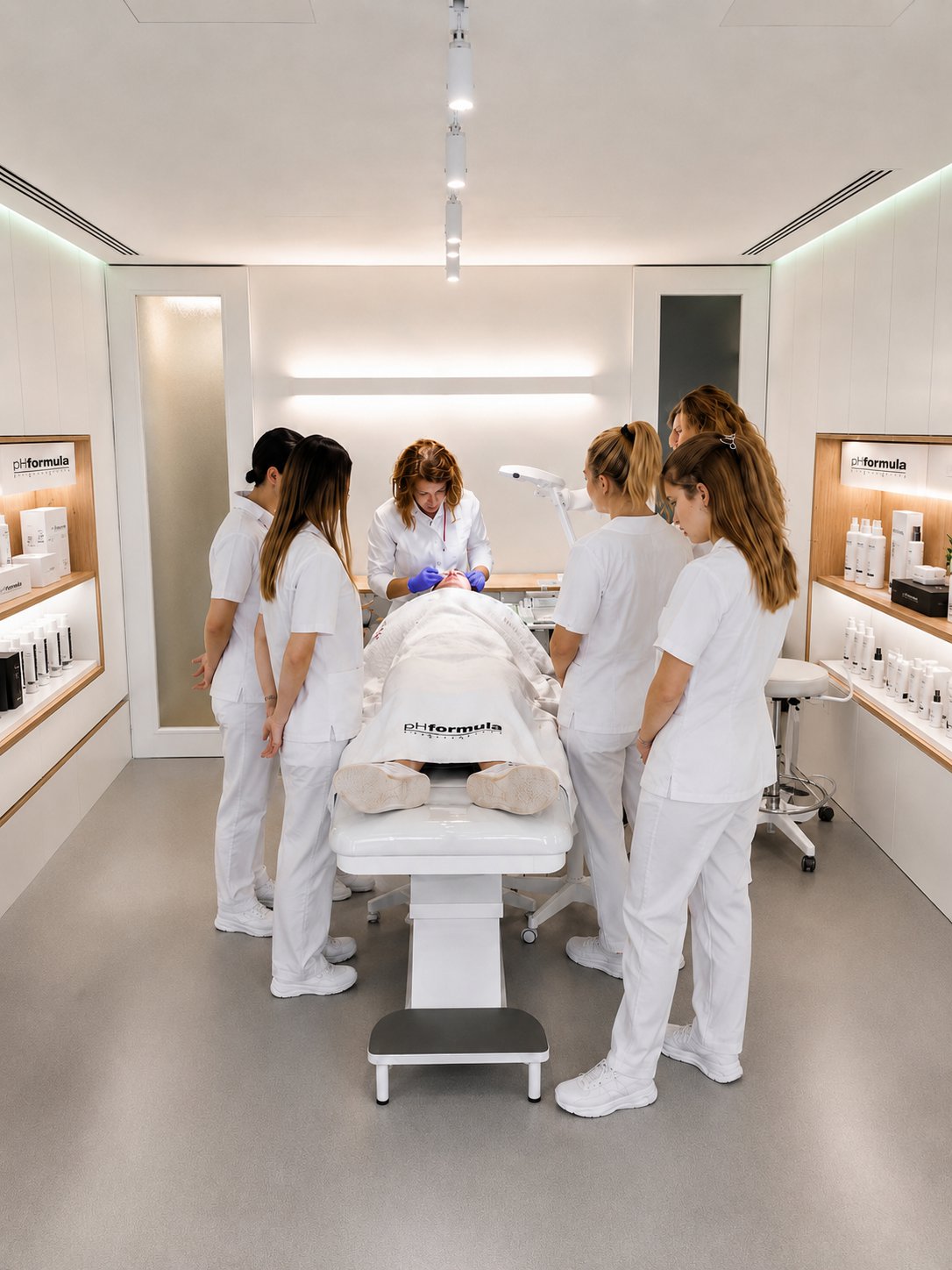 Training room with treatment beds and staff in white uniforms