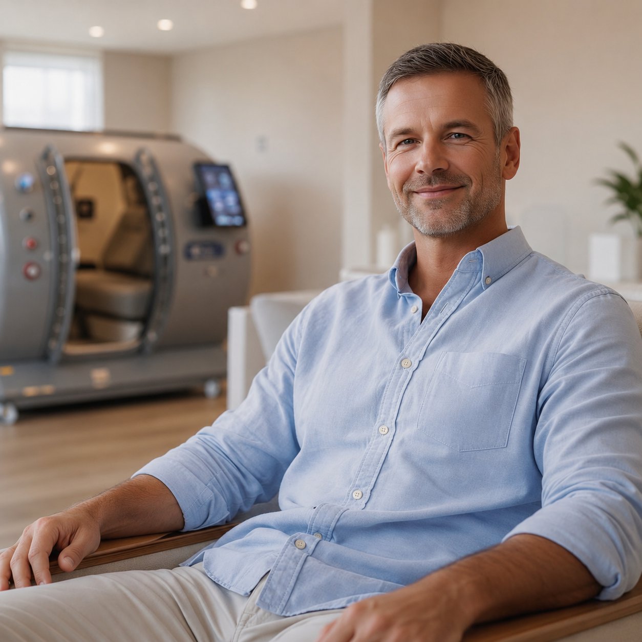Portrait of a smiling man seated in a wellness setting