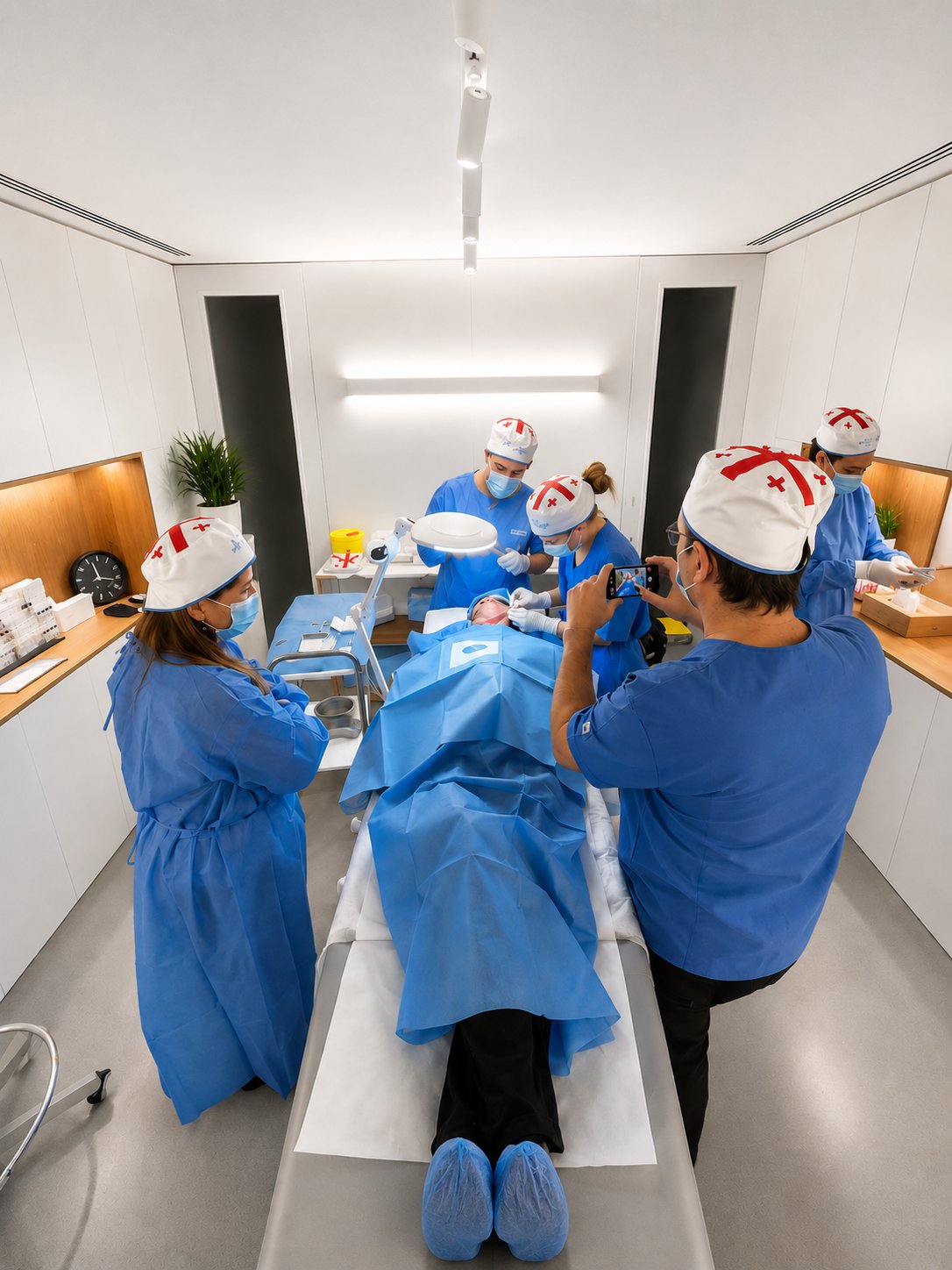 Hands-on aesthetics training with participants in blue surgical gowns