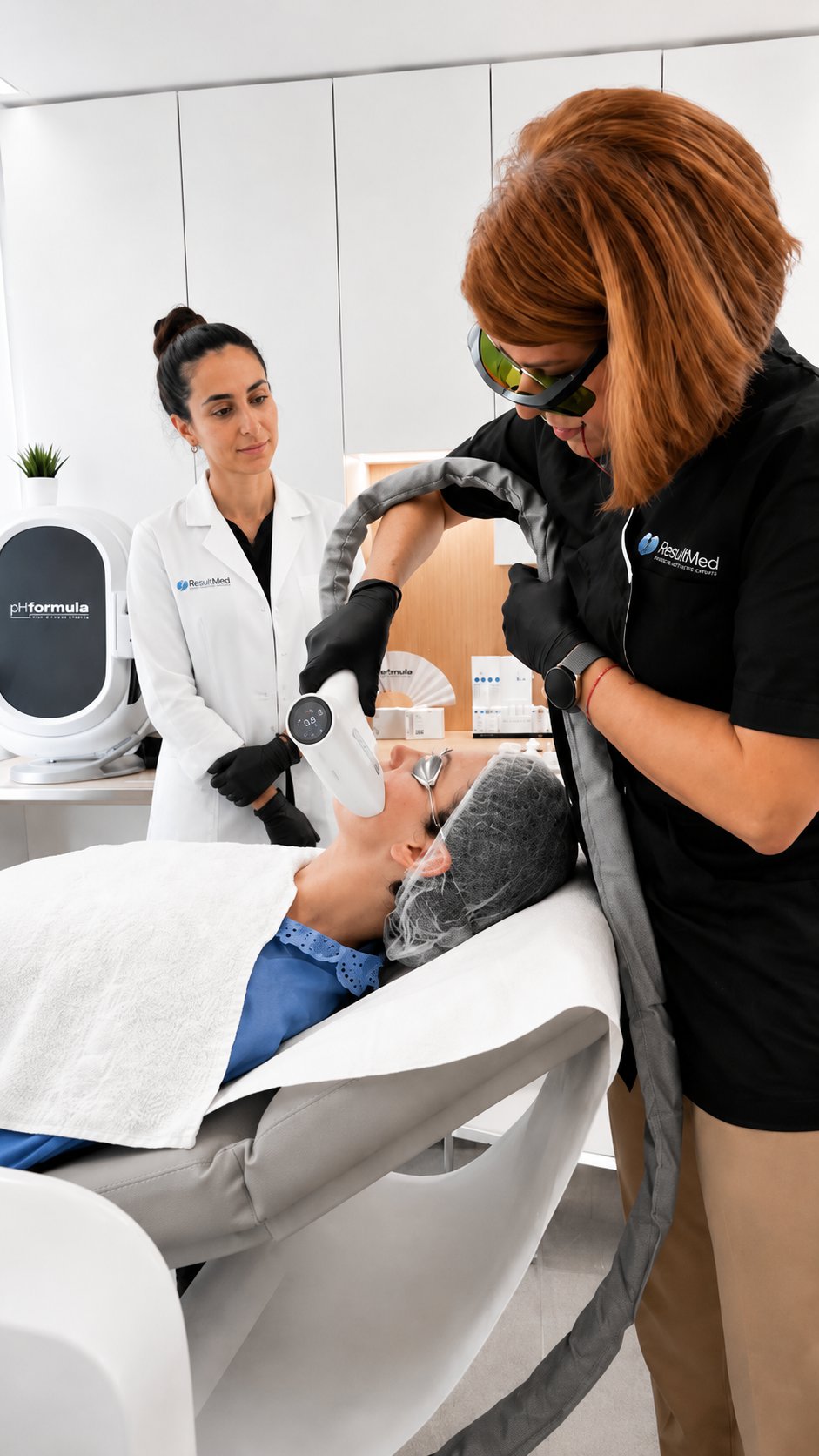 Two clinicians performing a laser treatment on a reclining client