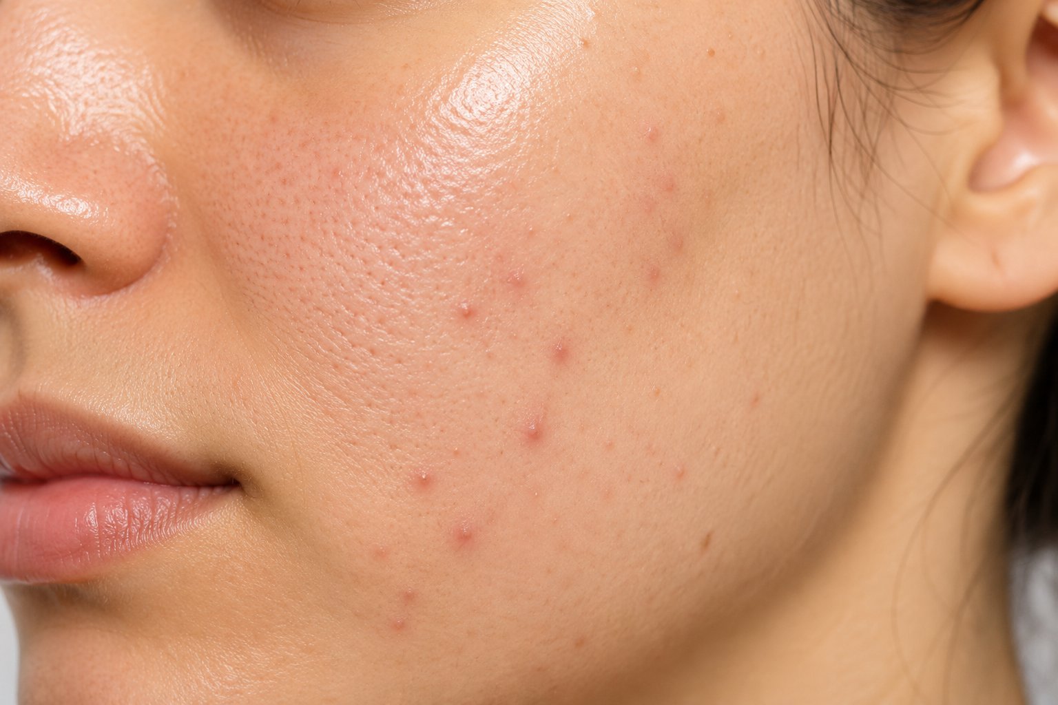 Close-up of a cheek and chin with acne blemishes