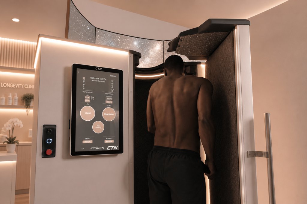 Man entering a CTN cryotherapy cabin beside a control screen