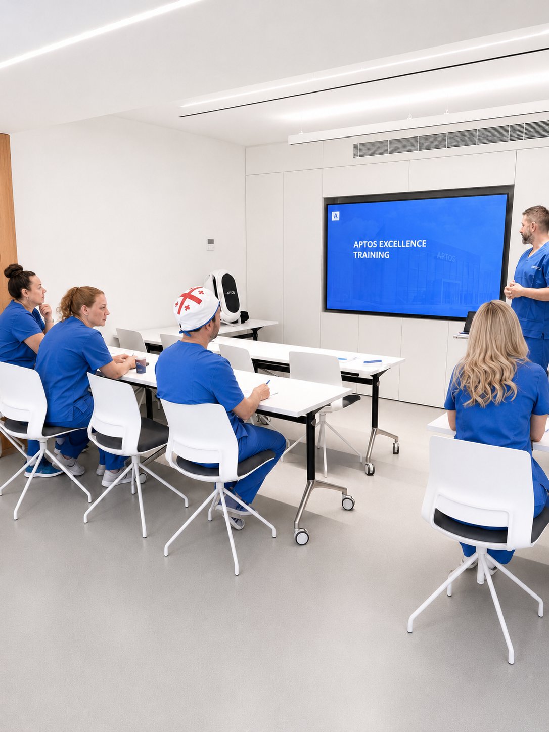 Training attendees in blue uniforms seated facing a screen
