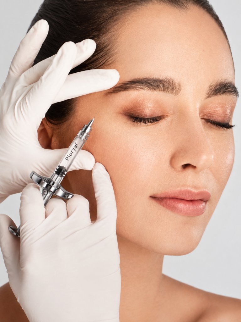Woman receiving a facial aesthetic injection from a gloved practitioner