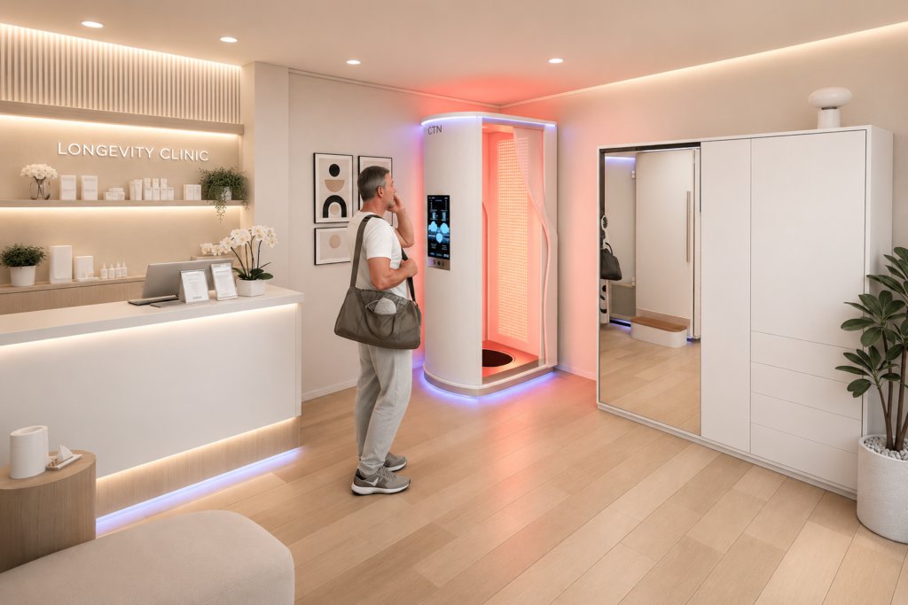 Cryotherapy cabin with coloured lighting in a clinic reception