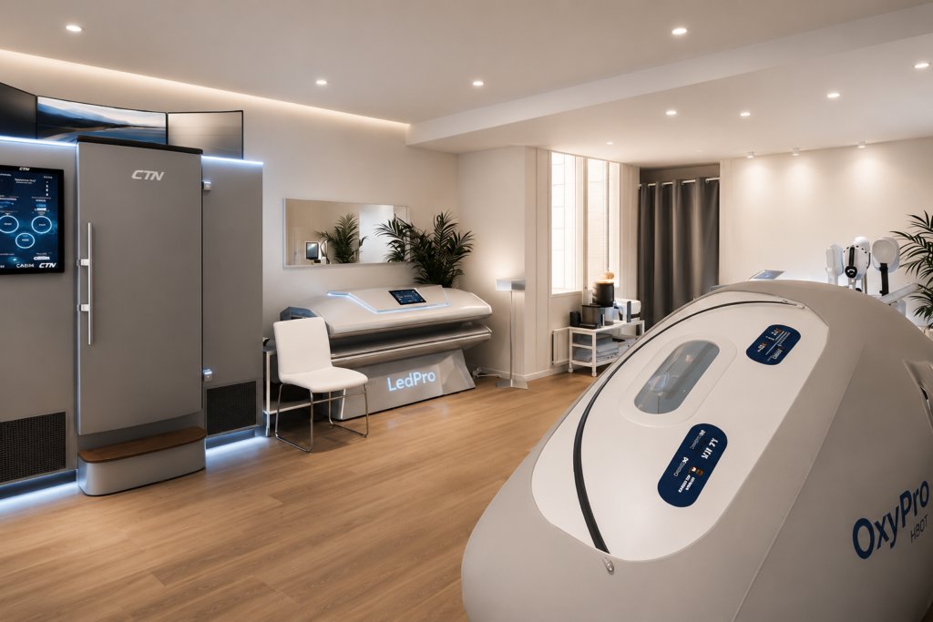 Wellness room with a spa capsule pod and treatment bed