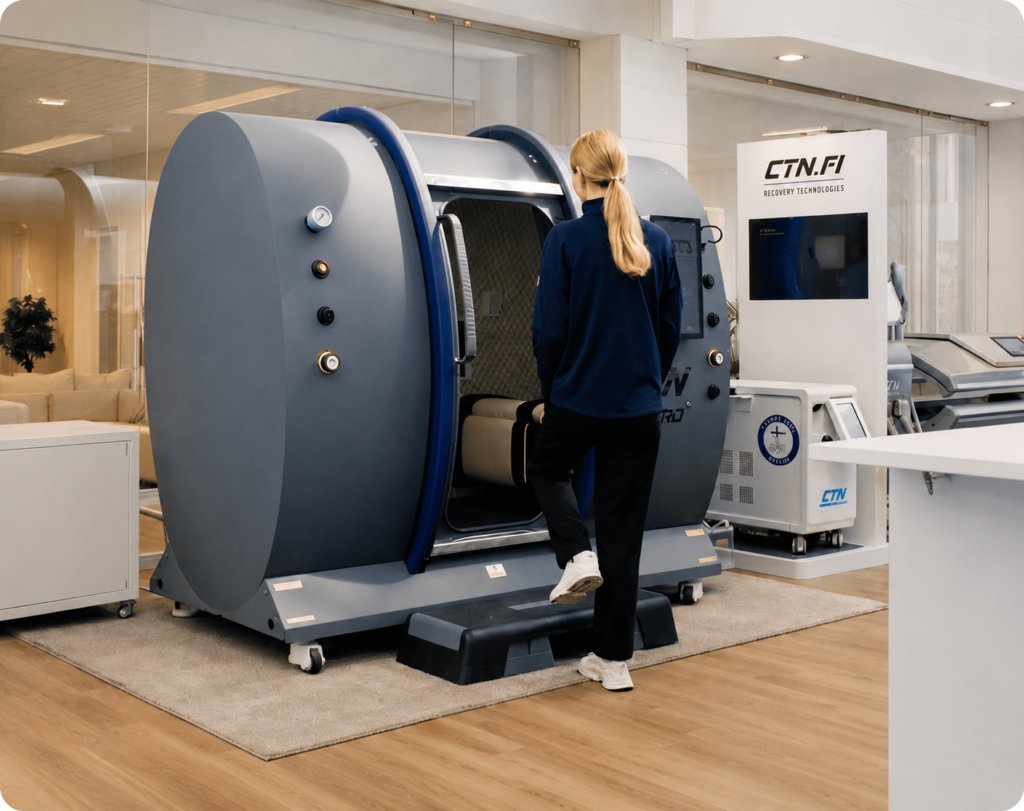 Person stepping into a large CTN.FI wellness chamber