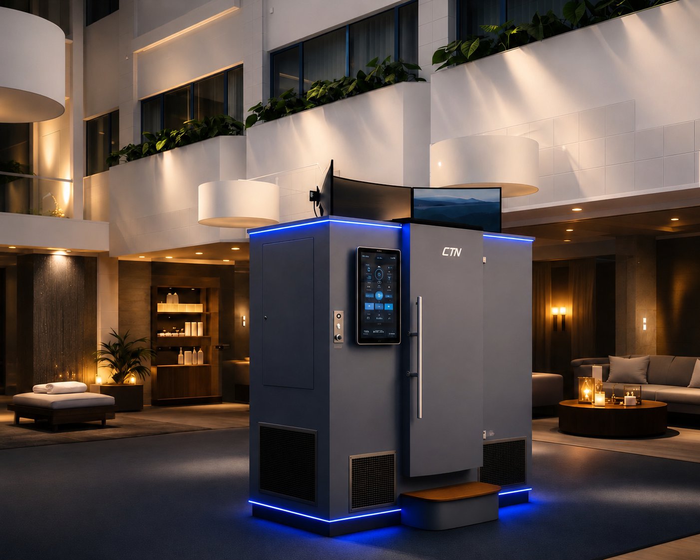 Cryotherapy cabin with blue LED lighting and a touchscreen control