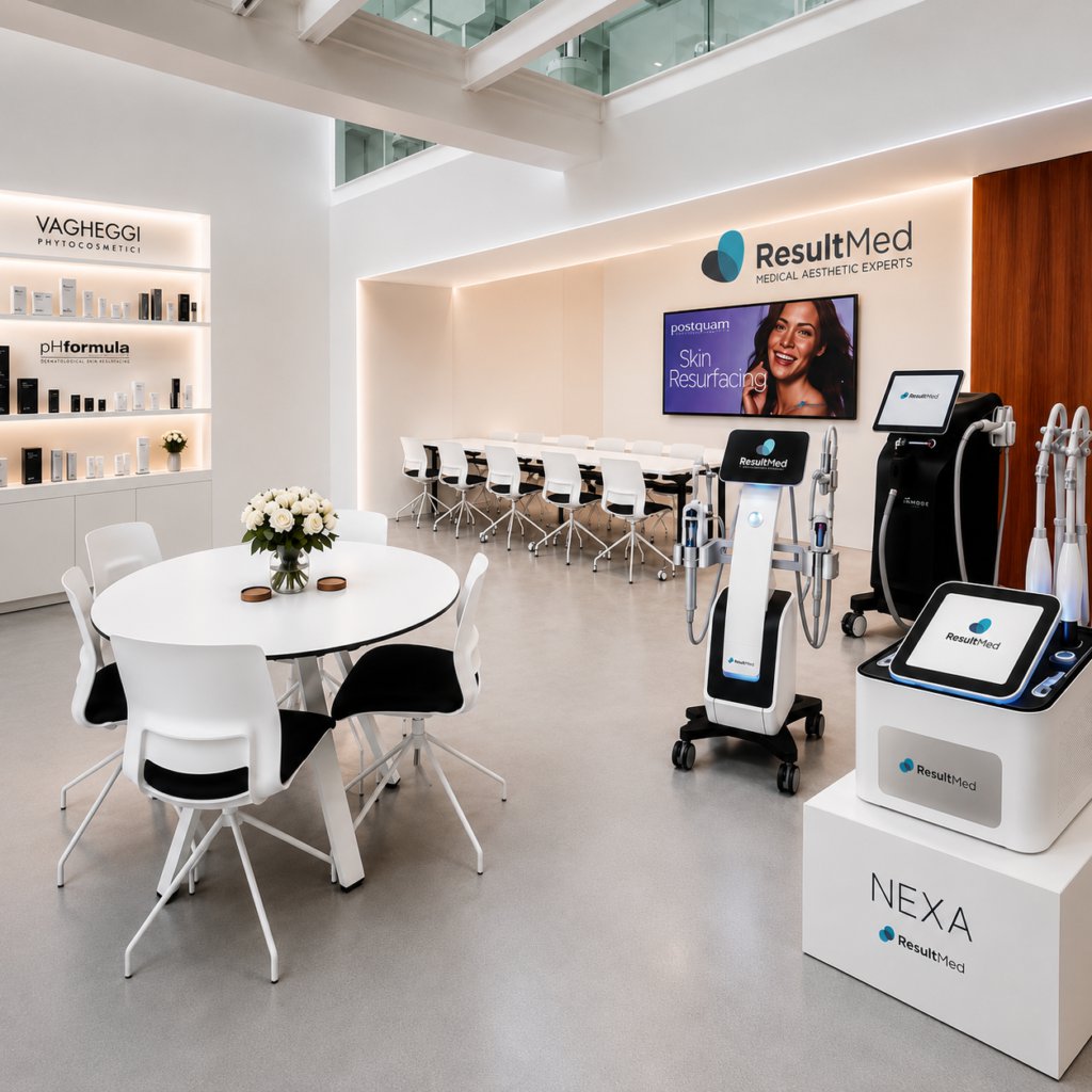 ResultMed showroom with meeting table and aesthetic devices including Nexa