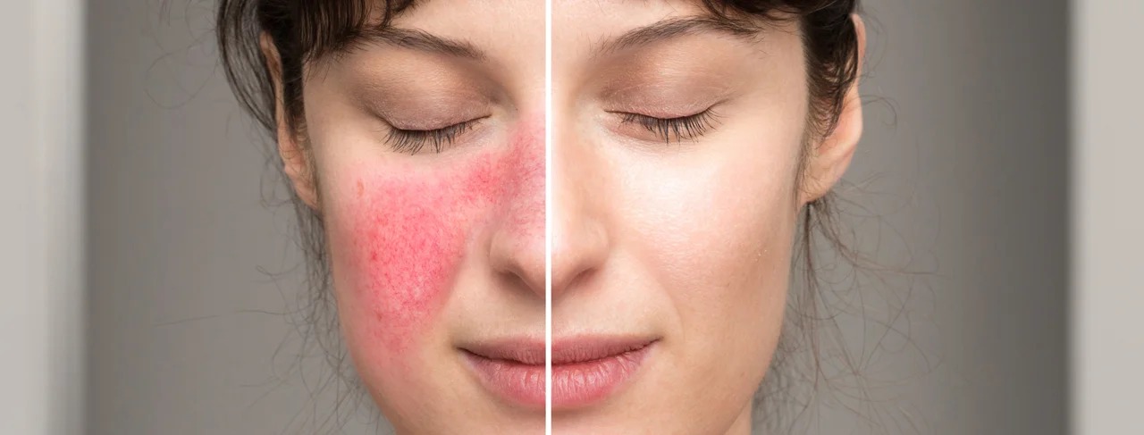 Split-face close-up comparing cheek redness before and after