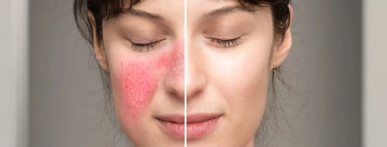 Split-face close-up comparing cheek redness before and after